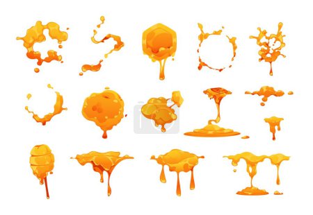 Illustration for Honey blots. Dripping golden honeycomb syrup and sweet nectar leak splash, flat melting falling liquid amber drops and spots. Vector isolated set of yellow nectar liquid, sweet honey drip - Royalty Free Image