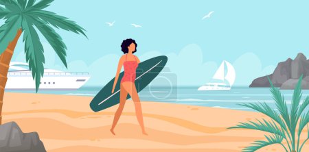 Téléchargez les illustrations : Activité estivale en mer, fille avec planche de surf sur la plage. Vecteur de surf mer, plage d'été, fille aller à l'océan, surfeur et surf vacances illustration - en licence libre de droit