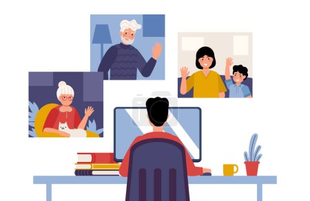 Illustration for Family video chat calling, distance meet screen. Vector of internet online screen, communication family chat video illustration - Royalty Free Image