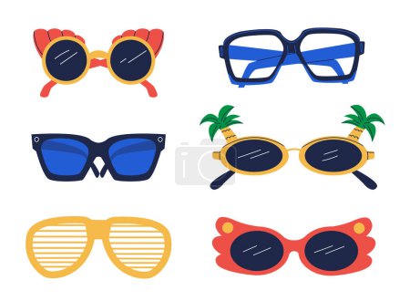 Illustration for Party glasses. Funny sunglasses hippy groovy psychedelic retro style of sunglasses fashion and frame spectacles for hipster, eyeglasses vector illustration - Royalty Free Image