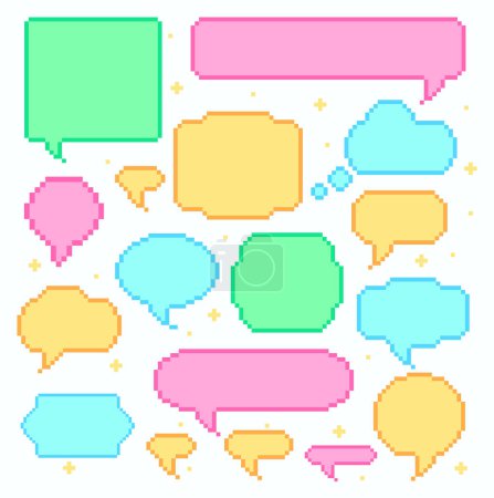 Ilustración de Pixel burbujas de voz colección de diversas formas y formas. Vector de burbuja de conversación de mensaje, forma de chat digital, ilustración de cómic de conversación - Imagen libre de derechos