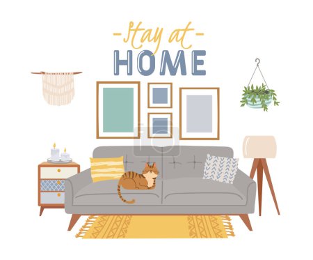 Illustration for Scandic cozy interiors, stay at home banner. Vector of interior homely comfort, home illustration scandic, furniture comfy house - Royalty Free Image