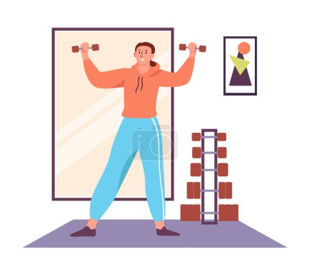 Illustration for Sports or fitness exercise male character at home. Vector of exercise fitness workout, illustration of sport lifestyle and healthy - Royalty Free Image