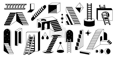 Ilustración de Escaleras surrealistas. Elementos geométricos abstractos de escaleras modernas, escaleras monocromáticas negras retro con formas geométricas. Juego aislado vectorial de escalera geométrica e ilustración de escaleras - Imagen libre de derechos