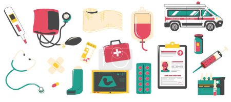 Illustration for Medical tools set. Doodle drug store hospital supplies, pharmaceutical equipment and pills, cartoon first aid elements. Vector collection. Illustration of dropper and bandage, tourniquet and inhaler - Royalty Free Image