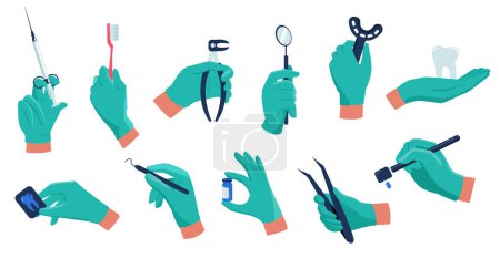 Illustration for Dentist hands. Sterile medical rubber gloves holding dental therapeutic tools cartoon flat style, healthcare oral care treatment concept. Vector set of equipment in doctor hand illustration - Royalty Free Image