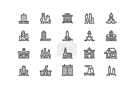 Illustration for Buildings line icons. Real estate and industrial outline block stroke symbols, outline city construction and high-rise buildings. Vector editable collection of outline building icons illustration - Royalty Free Image