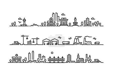 Ilustración de Panorama de ciudad. Urbano plano con rascacielos edificios de la ciudad y bienes raíces, paisaje de la ciudad con construcciones de gran altura. Ilustración lineal vectorial de ciudad panorámica urbana - Imagen libre de derechos