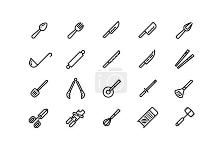 Illustration for Kitchen utensils line icons. Spoon knives grater canning and pizza roll knife outline, hammer for pounding meat. Vector cooking accessories set stroke. Illustration of kitchen grater and spoon utensil - Royalty Free Image