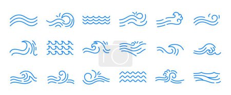Téléchargez les illustrations : Icônes de ligne de vague d'eau. Écoulement des marques d'eau de rivière et de vagues de mer, contour des éléments liquides et des marques de tourbillon pour la conception du logo. Illustration vectorielle d'un ensemble isolé d'eau de mer - en licence libre de droit