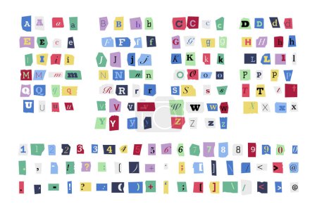Illustration for Ransom font. Colorful criminal uppercase and lowercase letters numbers and punctuation marks, cutout blackmail alphabet Vector anonymous typeface of typography grammar for ransom illustration - Royalty Free Image
