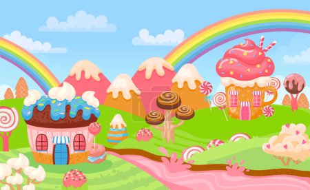 Téléchargez les illustrations : Candy land maisons de biscuits au chocolat et les caramélismes. Illustration vectorielle fantaisie chocolat, bonbons et biscuits, gâteau et rêve - en licence libre de droit