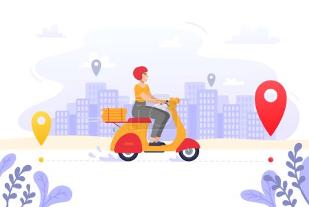 Illustration for Fast food delivery service, motorbike driver courier or gps pizza deliveries. Vector delivery service, driver courier by motorbike illustration - Royalty Free Image