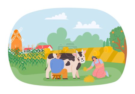 Illustration for Harvest season. Farmers on plantation collecting corn. Vector of plantation farmer, agriculture farm illustration - Royalty Free Image