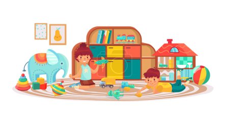 Illustration for Kids in playing room with toys, boy and girl play with toys in kids room, vector cartoon kindergarten illustration - Royalty Free Image