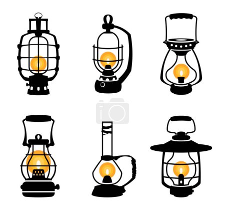 Illustration for Lantern silhouette. Vintage black oil kerosene gas lamps, monochrome retro night light equipment with holder flat style. Illustration oil lamp gas, kerosene lantern - Royalty Free Image