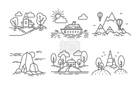 Ilustración de Icono de línea paisaje, bosque y montaña, pueblo y mar. Vector de entorno lineal al aire libre, icono de paisaje ilustración - Imagen libre de derechos