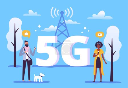 Mobile 5g connection. People with smartphones use high speed internet. Vector of smartphone technology 5g, wireless internet network illustration