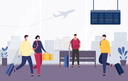 Illustration for People in airport hall waiting to boarding. Vector of airport departure terminal, airplane travel, hall flight passenger illustration - Royalty Free Image
