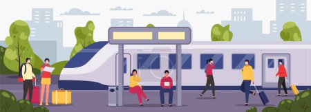 Illustration for People at station. Female and male characters with luggage waiting for transport at railway station. Vector of transportation station railway, transport train city illustration - Royalty Free Image