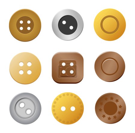 Illustration for Sewing buttons. Gold silver metal bronze copper cloth rivets, craft needlework clothing. Vector of buttons design isolated, symbol and icon illustration - Royalty Free Image