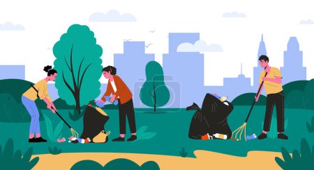 Illustration for Volunteers cleaning up parks, pick up rubbish. Illustration of rubbish in park, garbage and trash, environment cleaning and volunteering. Vector of volunteer nature, environment cleaning - Royalty Free Image