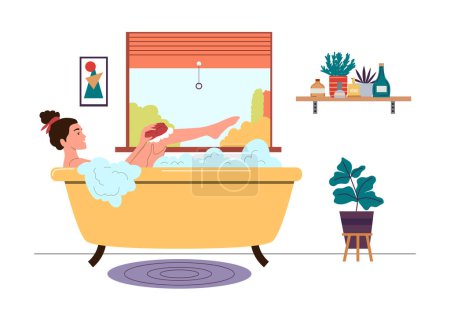 Téléchargez les illustrations : Femme dans le bain. Fille détendue dans la baignoire avec des bulles de mousse dans la salle de bain intérieure avec des plantes. Vecteur de salle de bain relax, jeune femme soins et illustration de beauté - en licence libre de droit