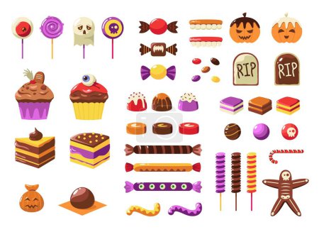 Illustration for Halloween candy. Cartoon colorful sweet bar for children, chocolate pumpkin liquorice lollipop toffee desserts for October party. Vector isolated set. Tasty spooky cakes, cupcakes and cookies - Royalty Free Image