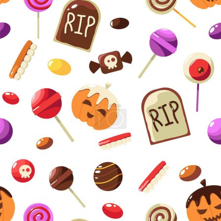 Illustration for Halloween sweets pattern. Seamless print of cartoon trick or treat candies, cute pumpkin lollipops gumballs desserts repeating backdrop. Vector texture. Spooky food for autumn holiday - Royalty Free Image