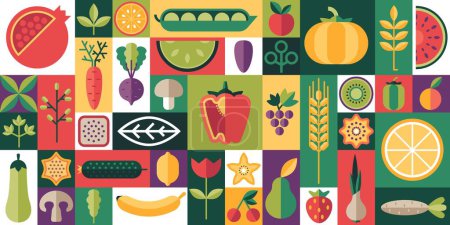 Illustration for Abstract vegetables pattern. Retro minimalistic scandinavian floral summer wallpaper with organic food and leaves. Vector of plants of vegetable fresh geometric, fruit garden tropical illustration - Royalty Free Image