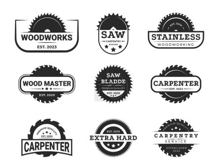 Illustration for Circular saw carpentry logo. Industrial saw blade silhouettes for logo design, carpentry professional service and cutting wood equipment symbol. Vector isolated. Illustration of industry woodwork logo - Royalty Free Image