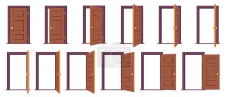 Offene Tür. Zeichentrickschritte zur Animation des Ein- und Ausgangs durch die Tür, weiße Rahmen für Sprite Game Asset. Vektor isolierte Reihe von Türeingängen, Eingangs offene Animation