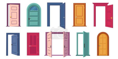 Illustration for Open and closed door collection. Cartoon entrance and exit doors with handles and frames, home exterior architecture concept. Vector set of door open collection illustration - Royalty Free Image