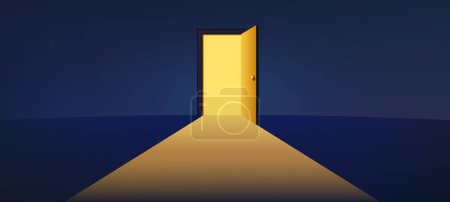 Illustration for Open door concept. Waiting room lobby entrance with gate and corridor, welcome home entrance concept. Vector illustration of open door room concept - Royalty Free Image
