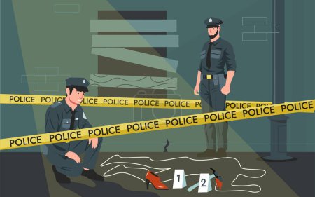 Illustration for Police crime scene. Criminal murder investigation of detective officers, victim corpse traced with chalk, policemen with dog at work. Vector illustration of criminal police scene - Royalty Free Image