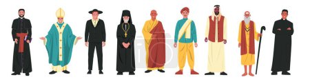 Ilustración de Personajes religiosos. Diferentes líderes religiosos, monje budista sacerdote cristiano rabino judío musulmán mulá, fe. Dibujos animados vector conjunto de carácter religioso, religión diferente ilustración - Imagen libre de derechos