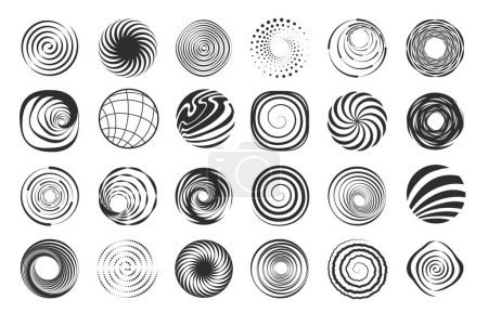 Ilustración de Formas espirales. Figuras geométricas abstractas remolino, elementos abstractos espiral círculo ondulado moderno, elementos de diseño borde negro movimiento. Conjunto vectorial de diseño remolino ilustración geométrica - Imagen libre de derechos