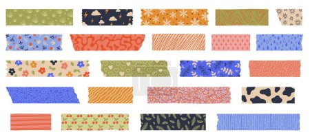 Illustration for Washi tape. Japanese paper tape with decorative pattern, cute japanese stickers for scrapbook, decoration and masking. Vector set of japanese paper decorative sticker illustration - Royalty Free Image
