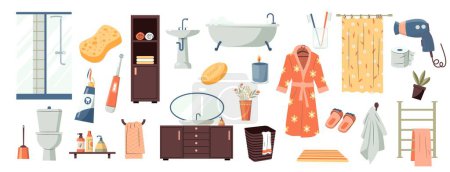 Illustration for Bathrooom elements collection. Cartoon bathroom equipment and toilet accessories, shower and bathtub elements, hygiene room decor. Vector isolated set of toothpaste sanitary hygiene illustration - Royalty Free Image