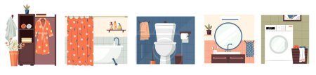 Téléchargez les illustrations : Salle de bain avec dessin animé et toilettes intérieures. Salle de bain avec lavabo et douche, toilettes minimalistes avec étagères et armoire de style plat. Illustration vectorielle de salle de bain intérieure avec douche - en licence libre de droit