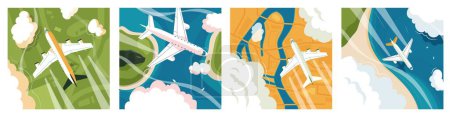 Illustration for Airplane top view background. Square banner with aerial view of passenger plane flying over woods sea coast and green planes. Vector aviation aerial view illustrations of airplane travel top view - Royalty Free Image
