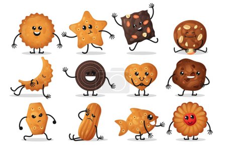 Illustration for Cartoon cracker characters. Cute cookies with expressions, funny faces of sweet snack food with emotions and gestures. Vector set of character biscuit and cracker mascot illustration - Royalty Free Image