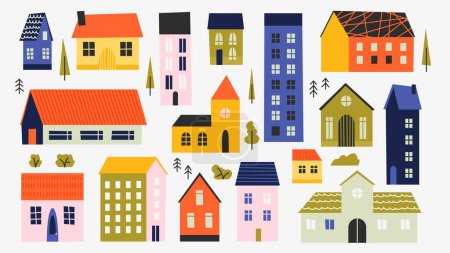 Illustration for Cute town buildings. Cartoon village houses exterior, variable old doodle wooden house in flat style, real estate architecture. Vector isolated set of architecture exterior home illustration - Royalty Free Image