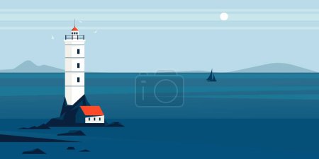 Illustration for Lighthouse landscape. Cartoon lighthouse silhouette on beach, navigation nautical coastal lighthouse building on coast at dusk. Illustration of lighthouse landscape - Royalty Free Image