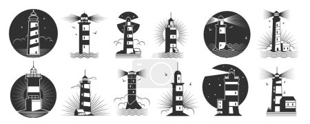 Illustration for Black lighthouse labels. Symbol lighthouse silhouettes for navigation, sea and beach tourism label, lighthouse abstract symbols. Vector isolated set of silhouette lighthouse logo illustration - Royalty Free Image