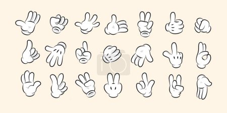 Illustration for Cartoon white gloves. Hand comic gestures and signals, retro cartoon character arm icons, cute hand cursor in various poses. Vector isolated set of gesture cartoon illustration - Royalty Free Image