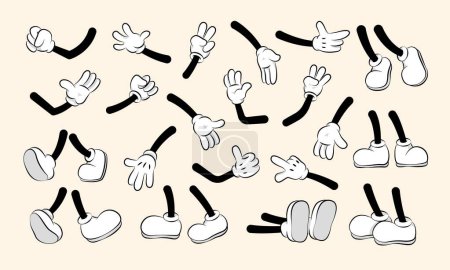 Illustration for Cartoon hands and legs collection. Cute retro animation white feet and gloves characters body parts, abstract simple funny person gestures. Vector comic set of mascot leg and footwear illustration - Royalty Free Image
