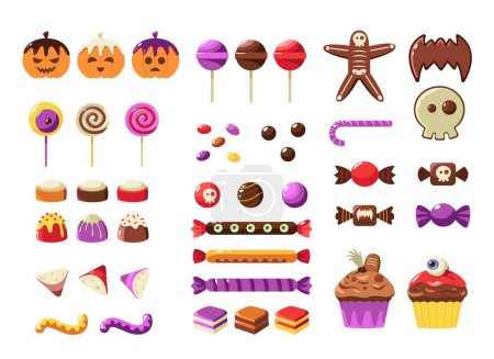 Illustration for Halloween desserts. Colorful trick or treat sweets for kids, cartoon candy bar decorated with scary elements for traditional October party. Vector set. Spooky cookies in shape of skeleton, skull - Royalty Free Image