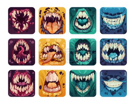 Illustration for Scary mouth logo. Creepy colorful monster teeth cartoon style, comic horror alien zombie smile tongue for game design GUI assets. Vector fantasy set. Monstrous facial expressions, ugliness - Royalty Free Image