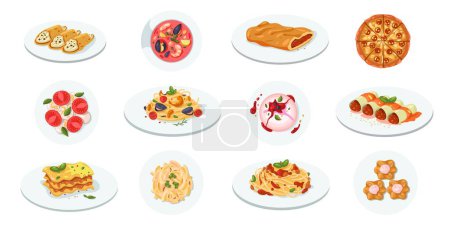 Illustration for Traditional italian food. Cartoon restaurant menu with cheese pizza, olive oil and tomatoes. Vector graphic of Mediterranean traditional meals. Illustration of italian food menu - Royalty Free Image